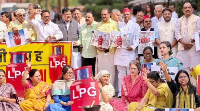 Opposition protests outside Parliament over LPG shortage.